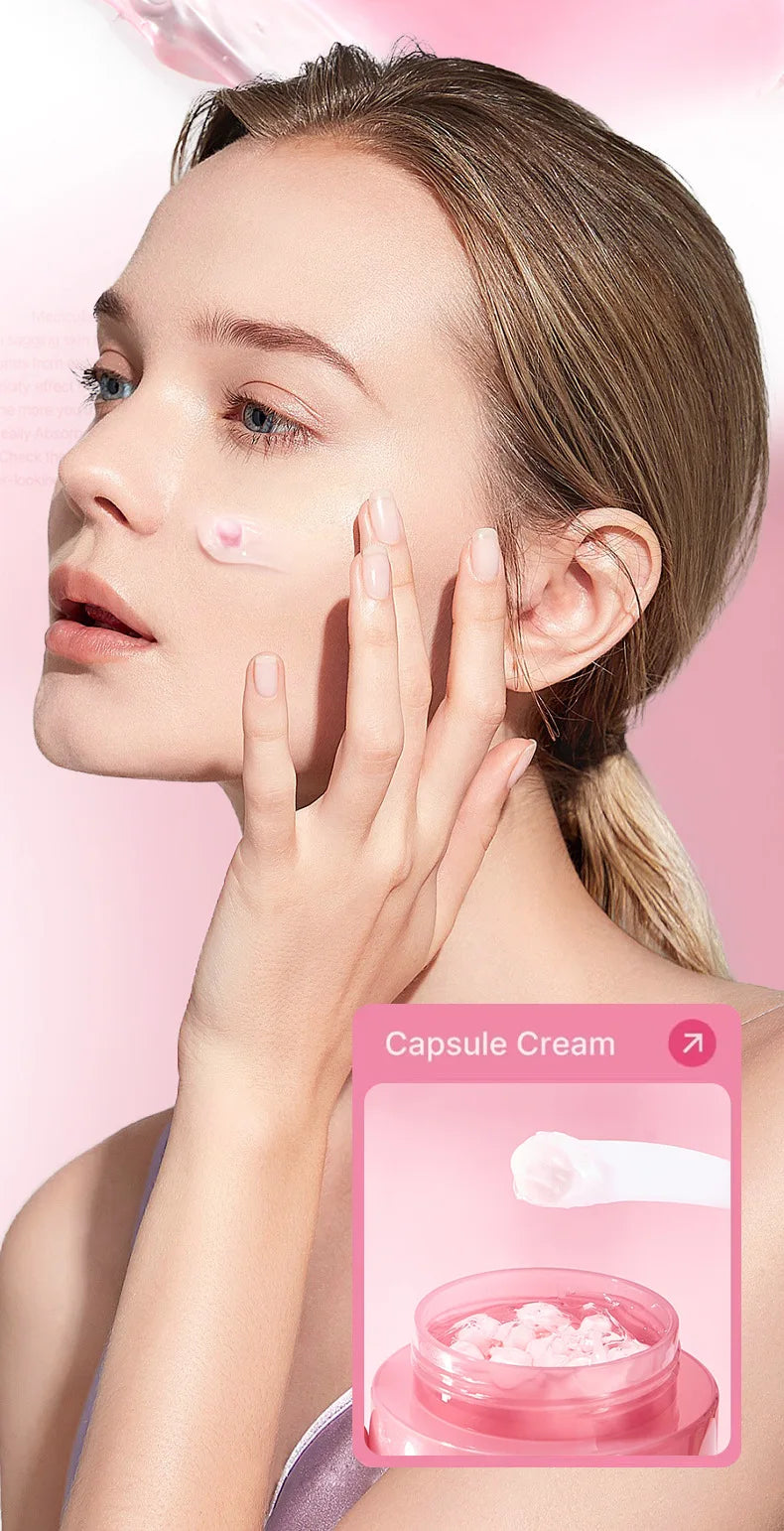 Crema coreana en cápsulas de colágeno rosa y PDRN con niacinamida para tono de piel desigual; hidratante facial ligero y no graso.