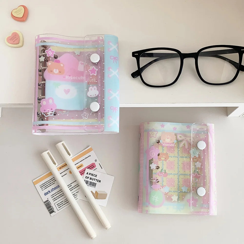 Cuaderno de hojas sueltas M5 con diseño de osito estilo dibujos animados; cuaderno transparente estilo kawaii para estudiantes, artículos de papelería, diario para chicas y libreta de tareas.