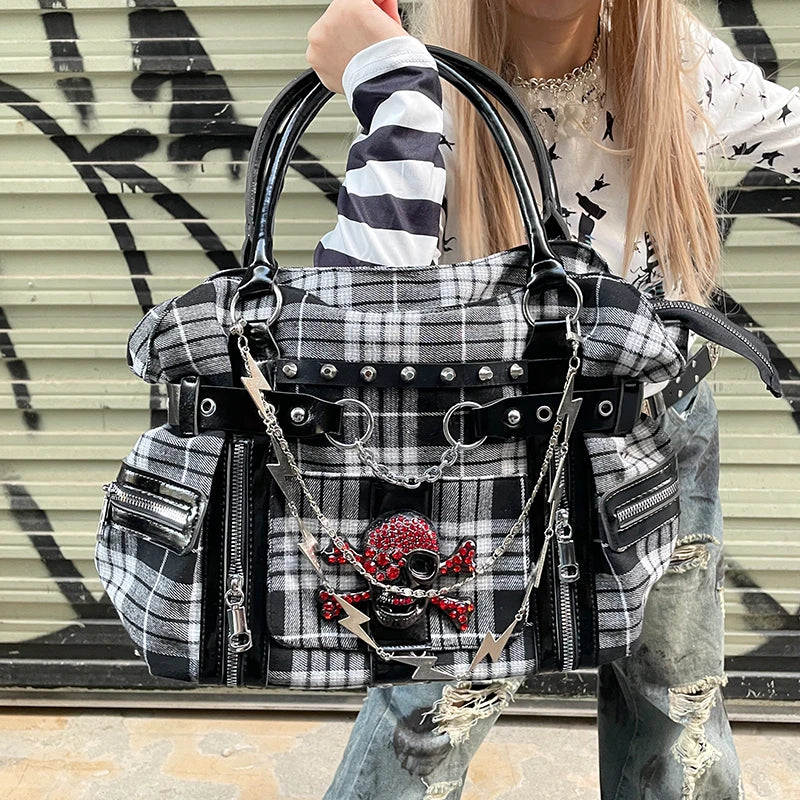 Bolso de hombro rosa a cuadros estilo Y2K; bolso de mano de gran capacidad estilo Harajuku; maletín de lona moderno y original tipo tote punk.
