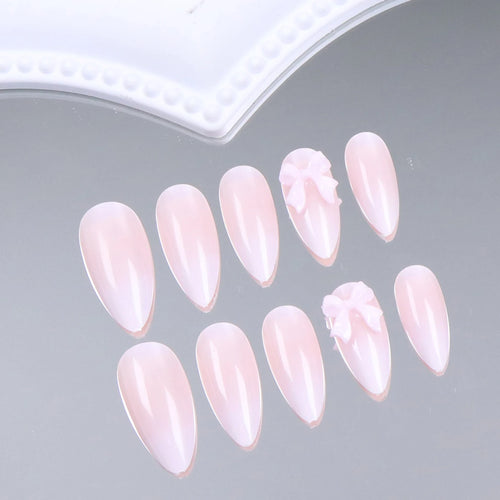 24 piezas de uñas postizas almendradas de tamaño mediano con diseños de lazo rosa, uñas acrílicas brillantes para pegar, ideales para mujeres y niñas.