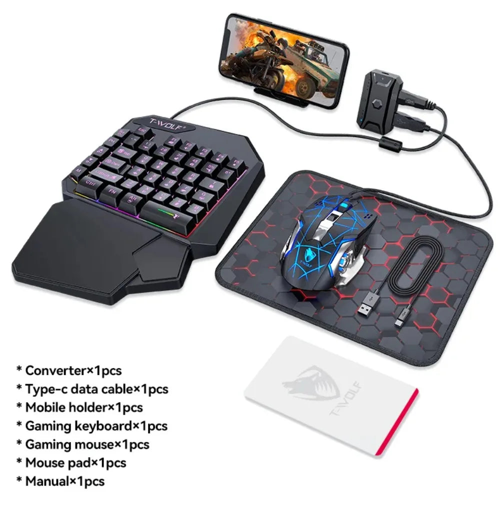 Combo 5 en 1 de teclado y ratón gaming RGB con convertidor para mando de una mano; conexión por cable y baja latencia para PUBG Mobile (Android, iOS y PC).
