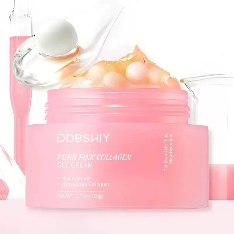 Crema coreana en cápsulas de colágeno rosa y PDRN con niacinamida para tono de piel desigual; hidratante facial ligero y no graso.