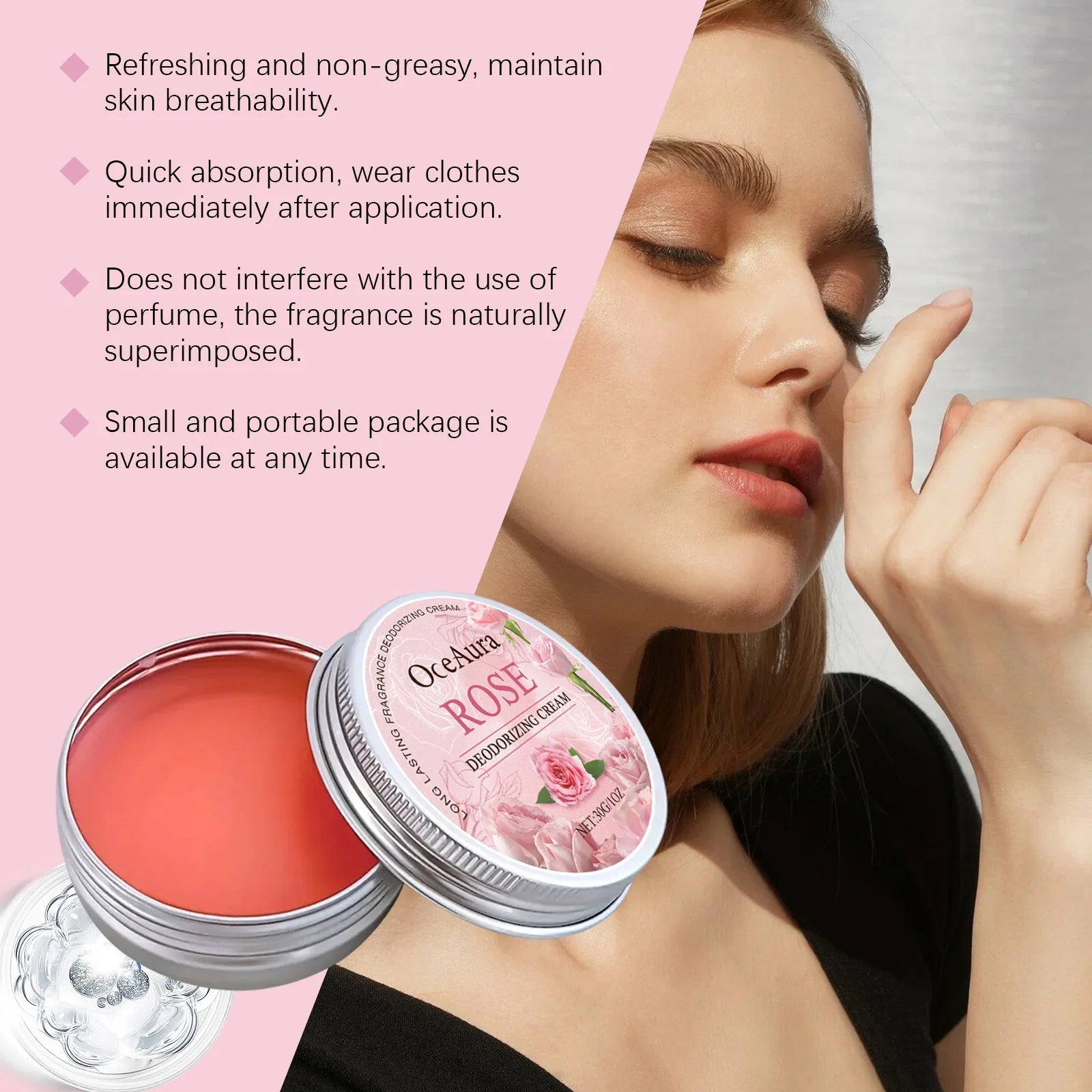 Crema corporal desodorante de rosas: elimina el olor, reduce la transpiración y neutraliza el mal olor de las axilas; ofrece un aroma duradero y una fragancia refrescante y encantadora.