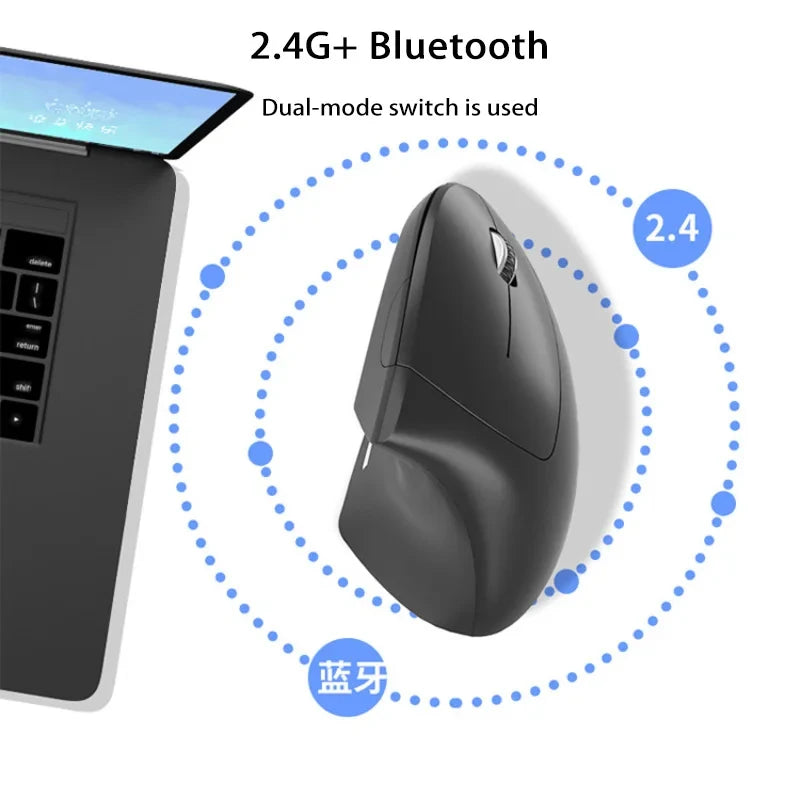 Nuevo ratón vertical inalámbrico recargable (Bluetooth y 2,4 GHz) con diseño ergonómico, agarre lateral personalizado y botones silenciosos; apto para gaming y PC