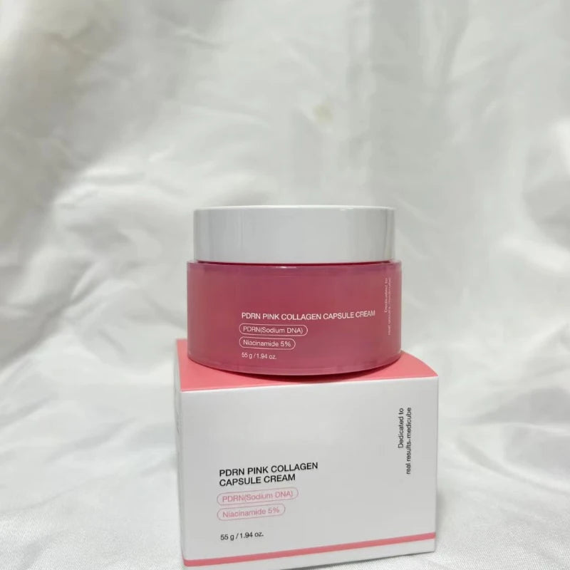 Crema coreana en cápsulas de colágeno rosa y PDRN con niacinamida para tono de piel desigual; hidratante facial ligero y no graso.