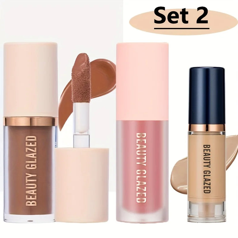 Set de maquillaje facial de 3 piezas (larga duración y resistente al agua): colorete, contorno y base; textura fina, cubre imperfecciones y realza los contornos.