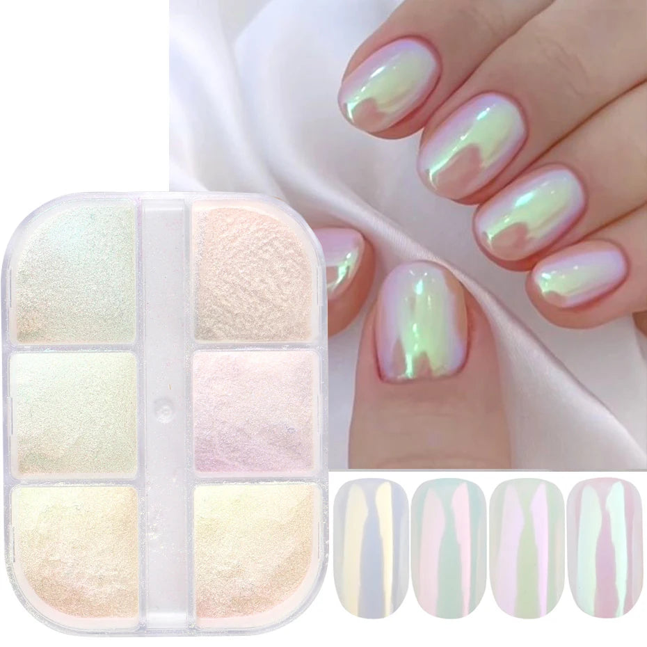 Polvo de uñas efecto espejo de luz de luna Pigmentos efecto cromo metálico Esmalte en gel Polvo láser Purpurina Aurora Perla