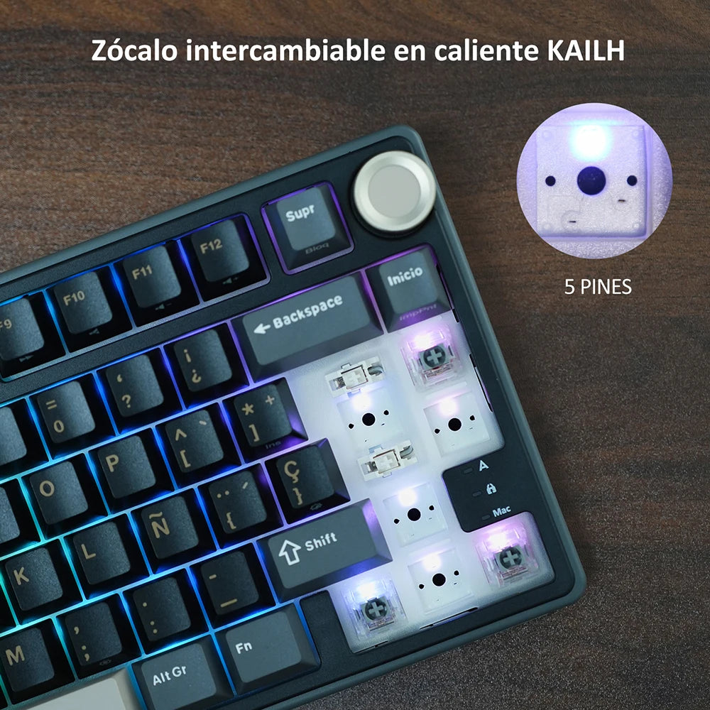 Teclado mecánico RK Royal Kludge R75 (distribución en español) con montaje tipo gasket, formato 80%, retroiluminación RGB, teclas PBT, interruptores intercambiables en caliente (hot-swappable) y rueda de control metálica.