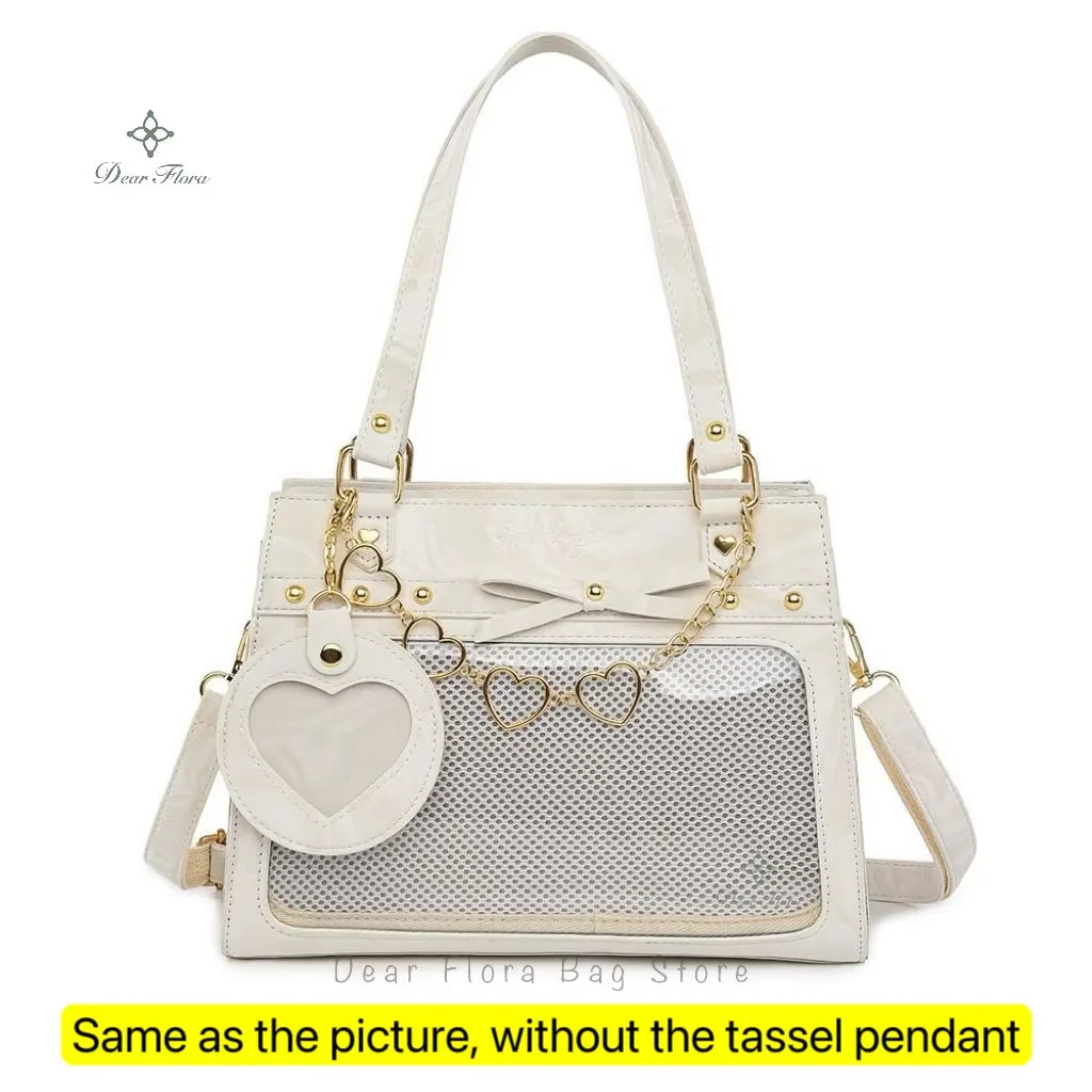 Bolso de hombro vintage estilo Y2K para mujer, tipo Ita Bag con bolsillo transparente, con lazo.