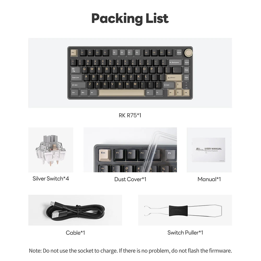 Teclado mecánico RK Royal Kludge R75 (distribución en español) con montaje tipo gasket, formato 80%, retroiluminación RGB, teclas PBT, interruptores intercambiables en caliente (hot-swappable) y rueda de control metálica.