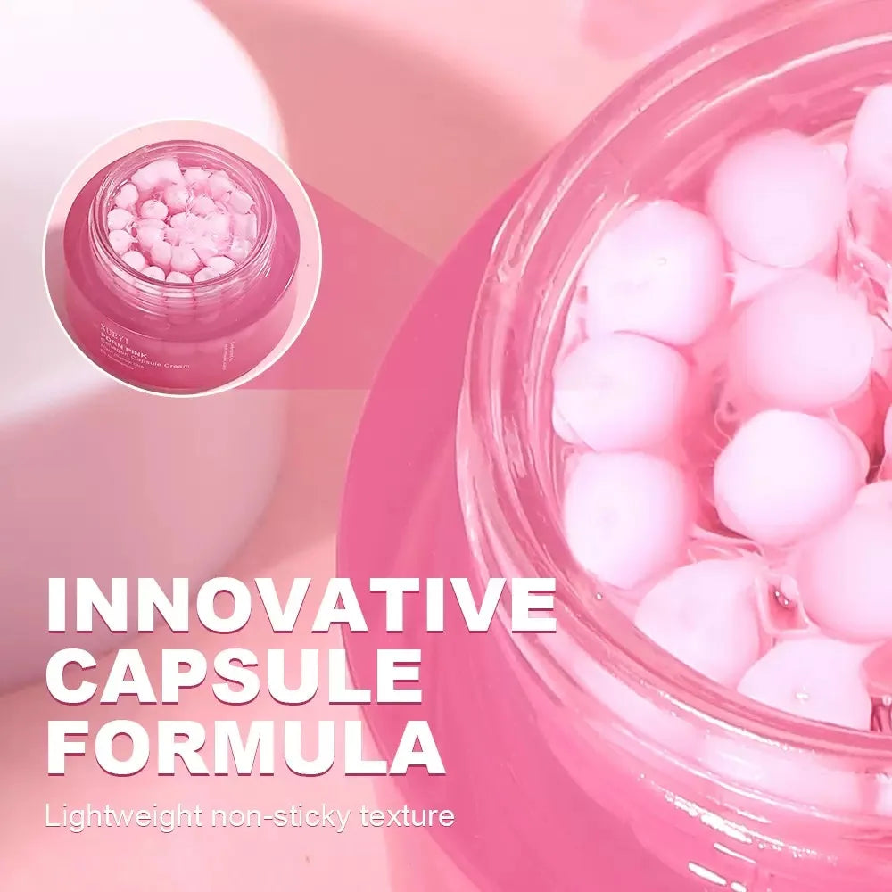 Crema coreana en cápsulas de colágeno rosa y PDRN con niacinamida para tono de piel desigual; hidratante facial ligero y no graso.