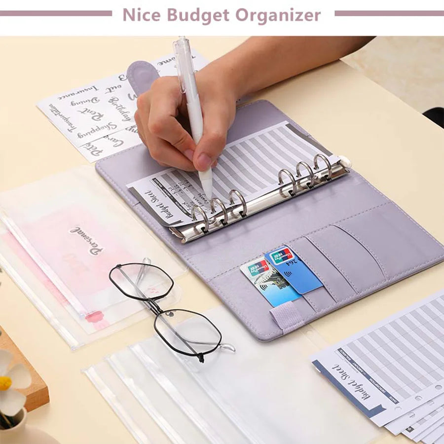 Carpeta organizadora de presupuesto de piel sintética (PU) tamaño A6 con sobres para efectivo y bolsillos con cremallera; estuche compacto para ahorro de dinero.