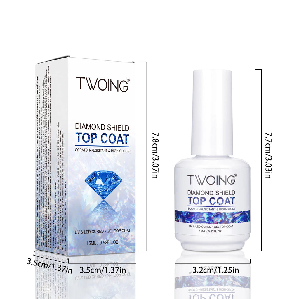 TWOING 15 ml – Nuevo esmalte en gel "Top Coat" Super Shine (acabado diamante); gel sellador sin capa pegajosa (no wipe) para manicura y nail art con calidad de salón.