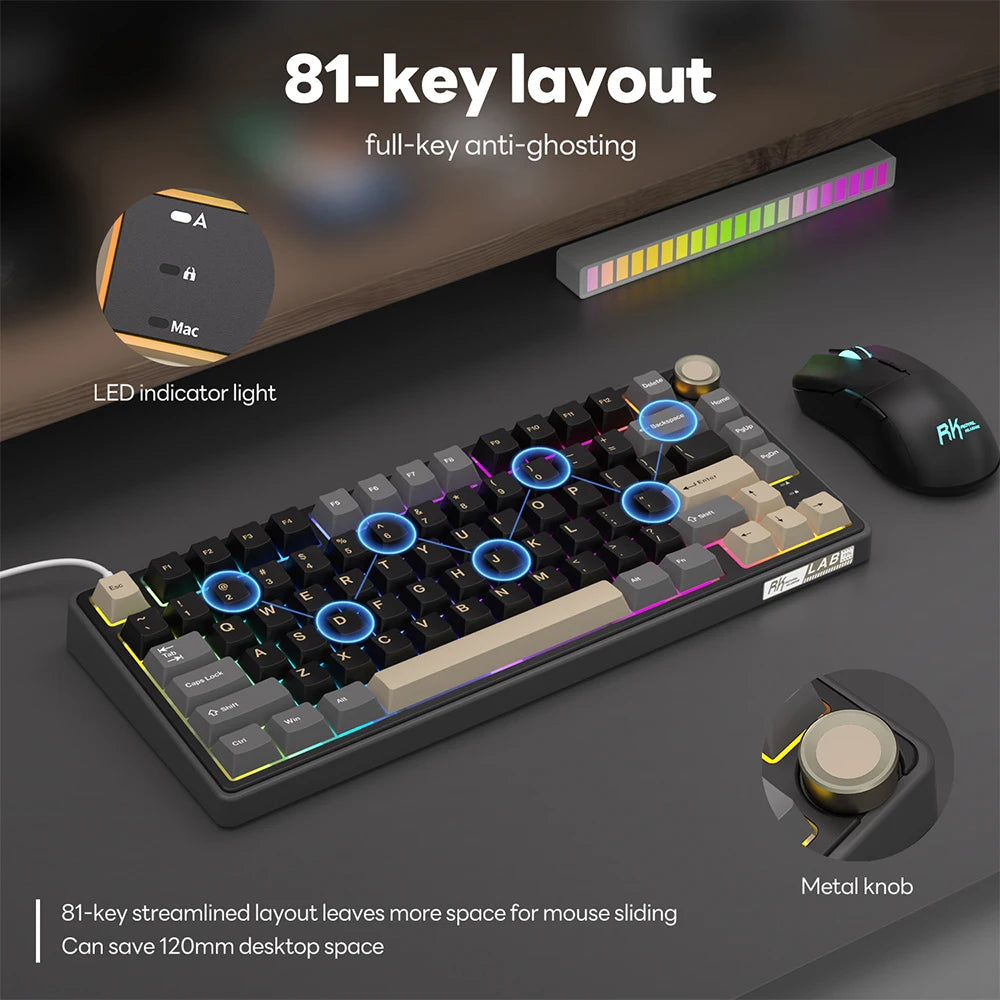Teclado mecánico RK Royal Kludge R75 (distribución en español) con montaje tipo gasket, formato 80%, retroiluminación RGB, teclas PBT, interruptores intercambiables en caliente (hot-swappable) y rueda de control metálica.