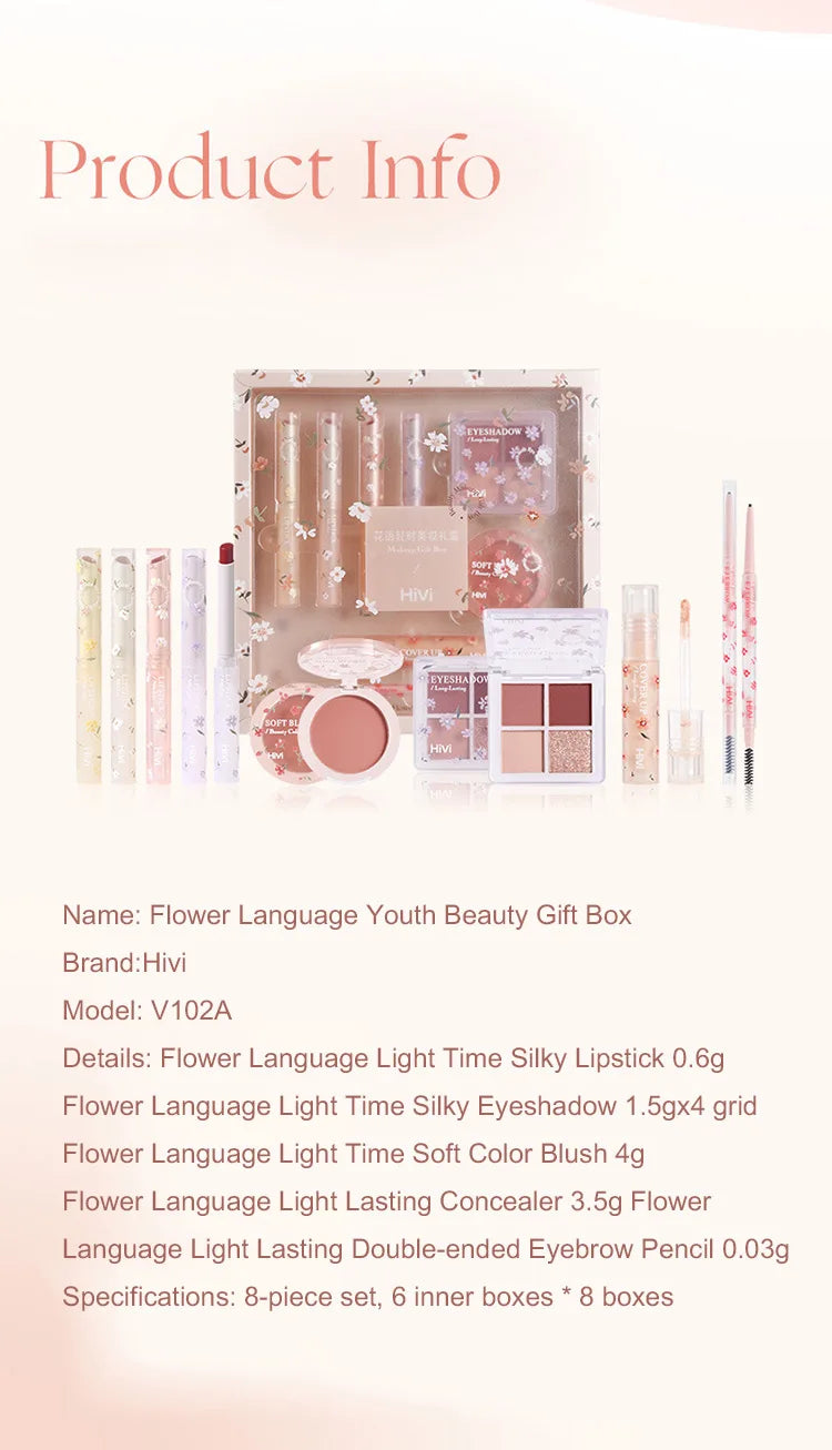 Set de belleza de 8 piezas con labial, corrector, sombra de ojos, producto para cejas y rubor.