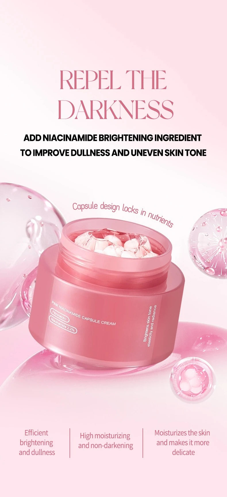 Crema coreana en cápsulas de colágeno rosa y PDRN con niacinamida para tono de piel desigual; hidratante facial ligero y no graso.