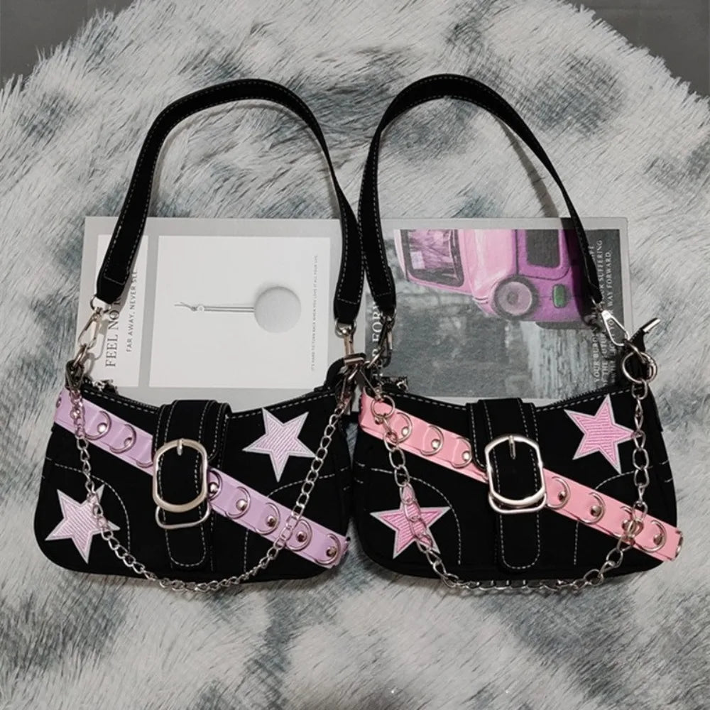 Bolso de hombro estilo Y2K : diseño de mezclilla con estampado de estrellas, estilo juvenil y moderno, de lona y tamaño pequeño, con cadena.
