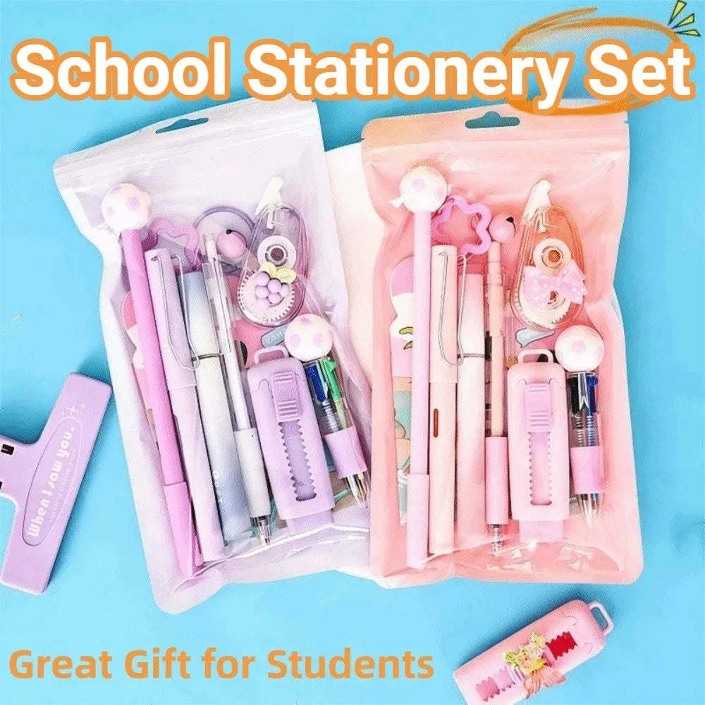 Kit de regalo de papelería escolar con temática de dibujos animados: incluye bolígrafos de 6 colores, notas adhesivas, goma de borrar y estuche de gran capacidad.