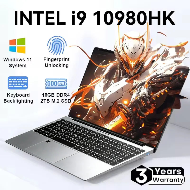 Portátil Intel Core i9 10980HK (modelo 2026) con Windows 11 Pro, pantalla de 15,6 pulgadas, 16 GB de RAM, SSD de 1 TB/2 TB, resolución HD (1920x1080), desbloqueo por huella dactilar y teclado retroiluminado.