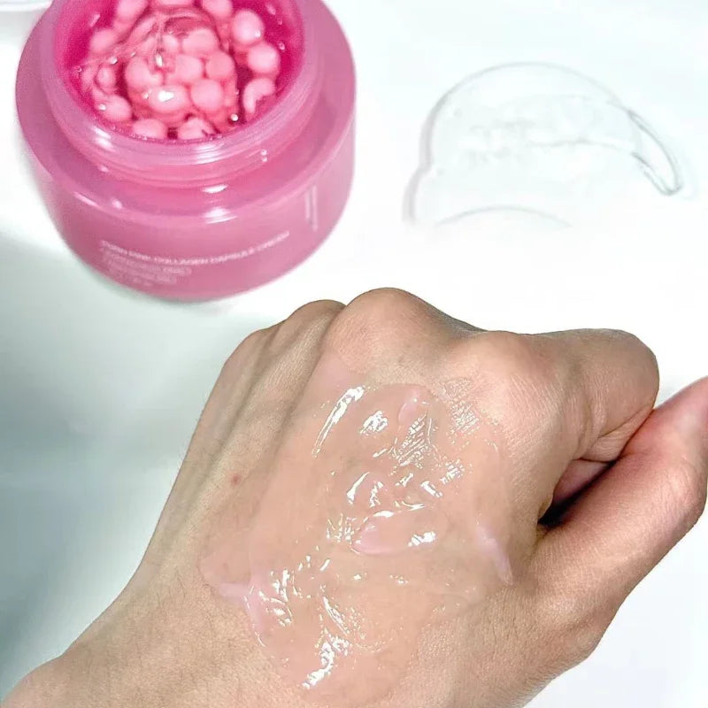 Crema coreana en cápsulas de colágeno rosa y PDRN con niacinamida para tono de piel desigual; hidratante facial ligero y no graso.