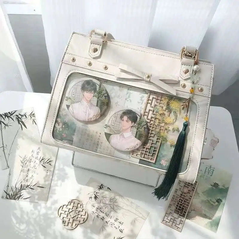 Bolso de hombro vintage estilo Y2K para mujer, tipo Ita Bag con bolsillo transparente, con lazo.