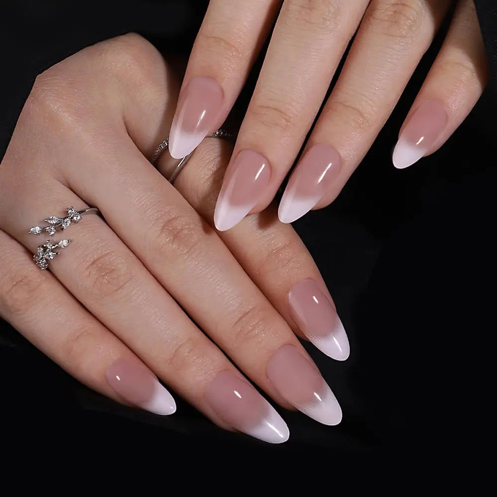 24 piezas de uñas postizas almendradas de tamaño mediano con diseños de lazo rosa, uñas acrílicas brillantes para pegar, ideales para mujeres y niñas.