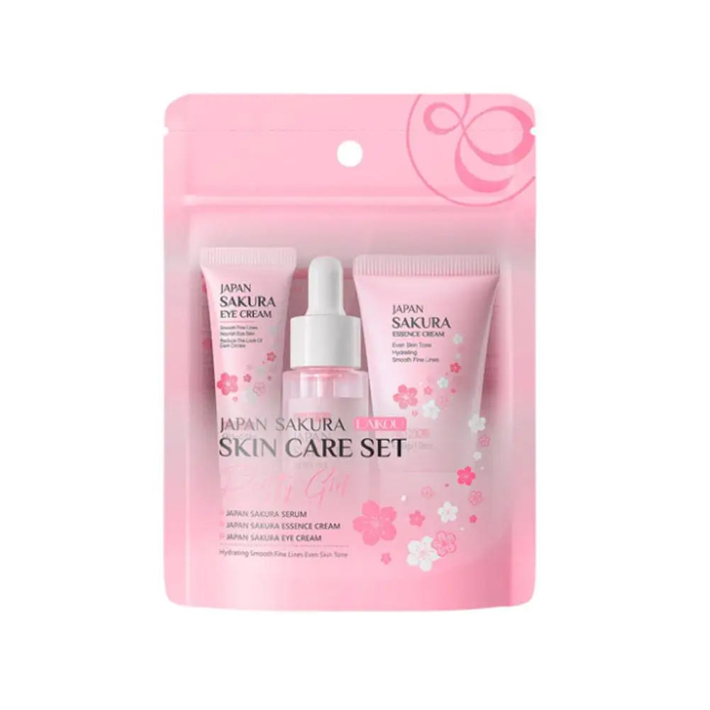 Set de 3 o 5 piezas para el cuidado de la piel con extracto de Sakura: incluye crema facial, sérum, tónico, limpiador facial, protector solar y crema para el contorno de ojos; presentado en caja de regalo.