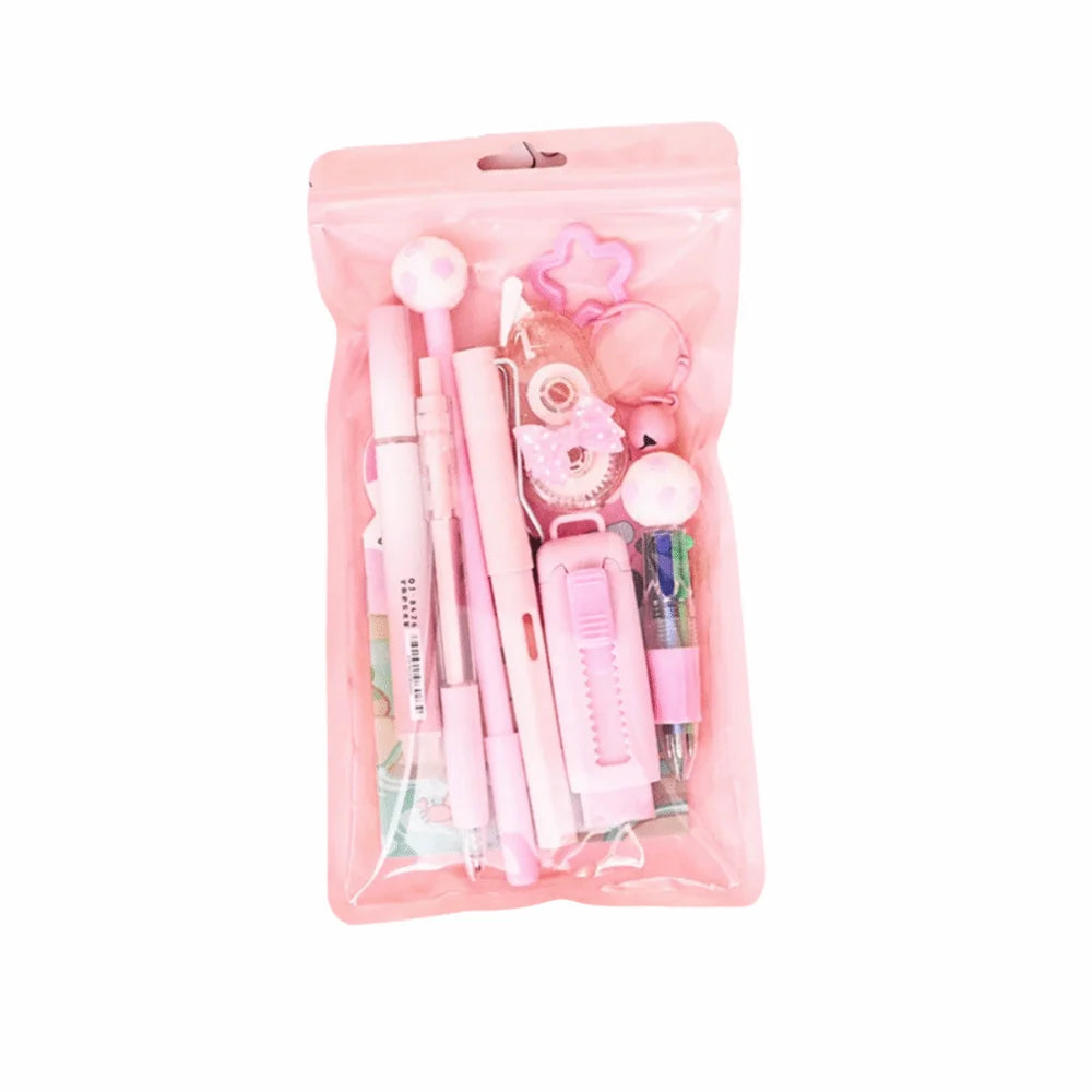 Kit de regalo de papelería escolar con temática de dibujos animados: incluye bolígrafos de 6 colores, notas adhesivas, goma de borrar y estuche de gran capacidad.