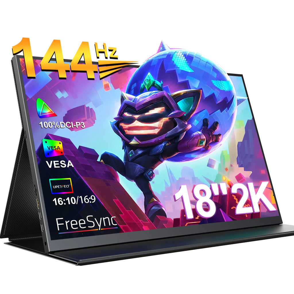 Monitor portátil UPERFECT de 18 pulgadas, 2.5K, 100% DCI-P3, 144 Hz, pantalla gaming con panel IPS LCD mate, FreeSync, HDR y compatibilidad VESA.