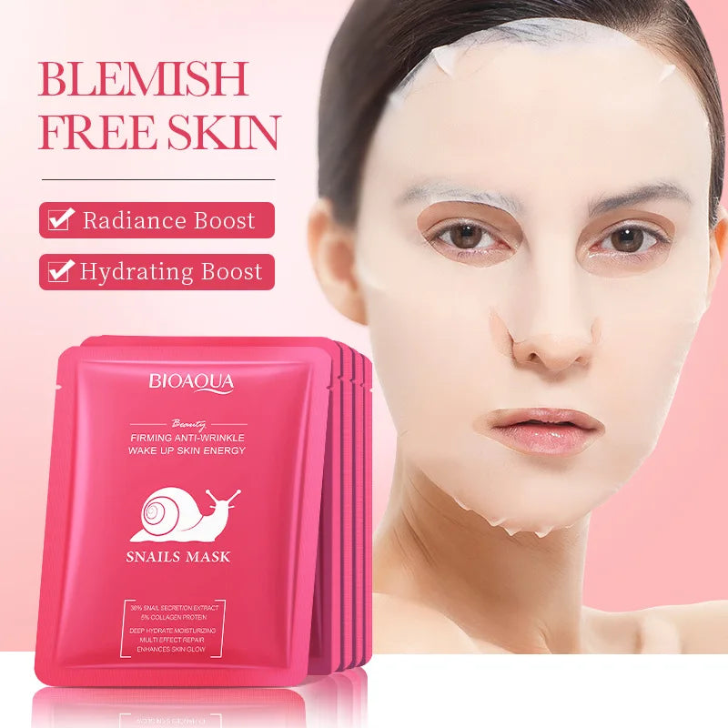 Pack de 5/10 mascarillas faciales BIOAQUA con baba de caracol, ácido hialurónico y retinol; hidratantes y reafirmantes para el cuidado de la piel del rostro.