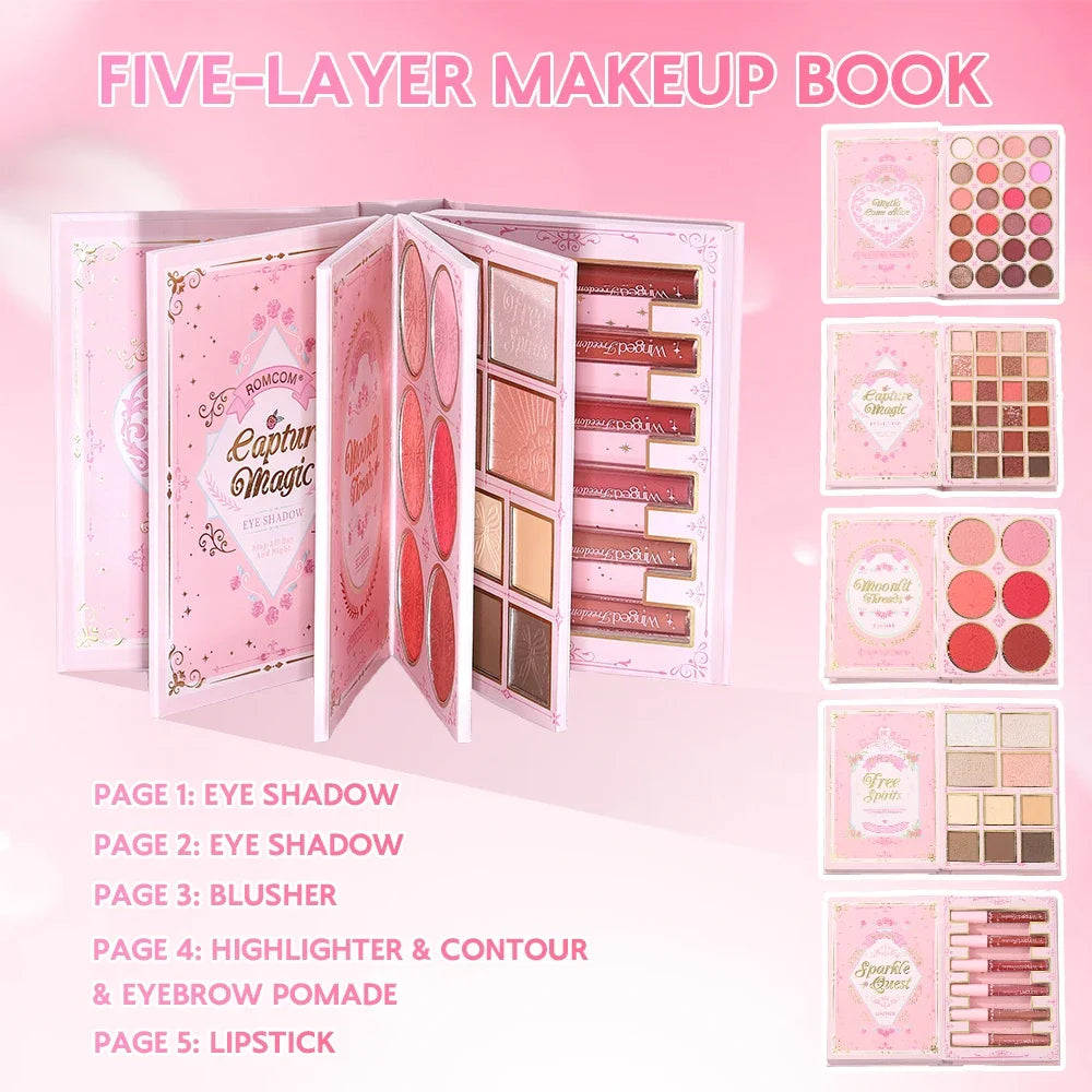 Paleta de maquillaje tipo libro «todo en uno» de 5 niveles: kit completo con 48 sombras de ojos, 6 coloretes, productos para contorno, iluminador y pomada para cejas, además de 6 labiales.