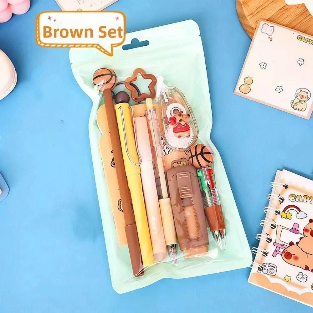 Kit de regalo de papelería escolar con temática de dibujos animados: incluye bolígrafos de 6 colores, notas adhesivas, goma de borrar y estuche de gran capacidad.