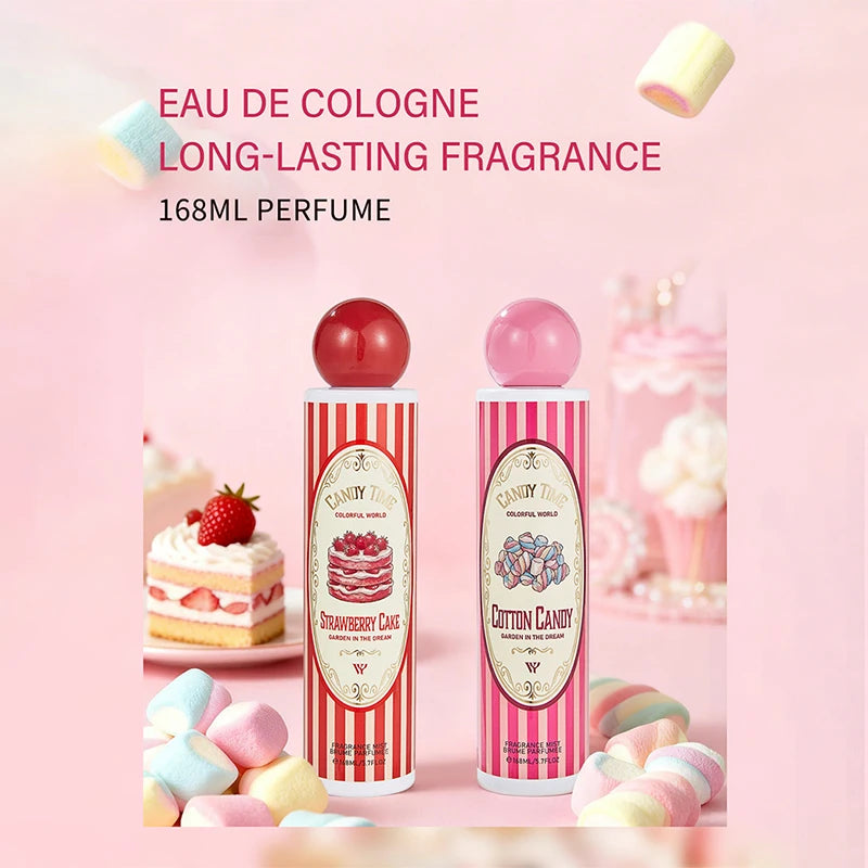 Perfume árabe Dubai Gourmand (168 ml): fragancia fresca y duradera para mujer con notas de coco, pastel de fresa, algodón de azúcar y frutas; formato en spray portátil.