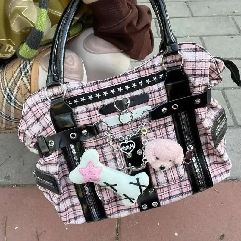 Bolso de hombro rosa a cuadros estilo Y2K; bolso de mano de gran capacidad estilo Harajuku; maletín de lona moderno y original tipo tote punk.