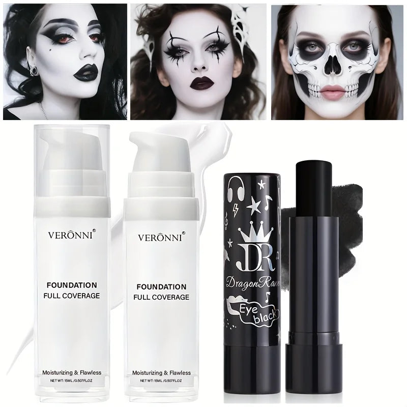 Set de maquillaje de Halloween con base líquida blanca y labial negro; apto para adultos, acabado mate y de larga duración para todo tipo de piel.