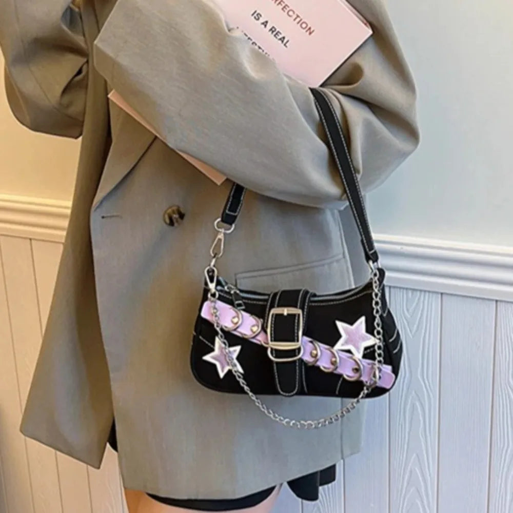 Bolso de hombro estilo Y2K : diseño de mezclilla con estampado de estrellas, estilo juvenil y moderno, de lona y tamaño pequeño, con cadena.
