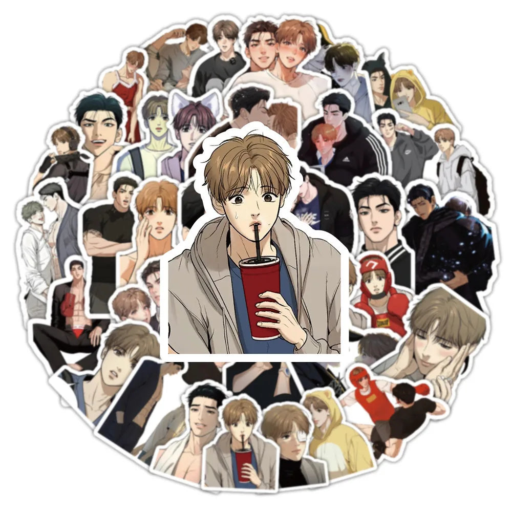 Pack de 53 pegatinas de anime (temática BL/Boys' Love) resistentes al agua; ideales para cascos, bicicletas, diarios, estuches y más.