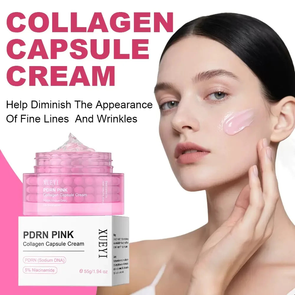 Crema coreana en cápsulas de colágeno rosa y PDRN con niacinamida para tono de piel desigual; hidratante facial ligero y no graso.