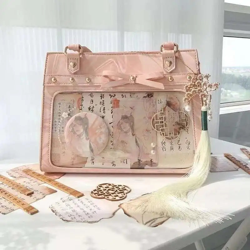 Bolso de hombro vintage estilo Y2K para mujer, tipo Ita Bag con bolsillo transparente, con lazo.
