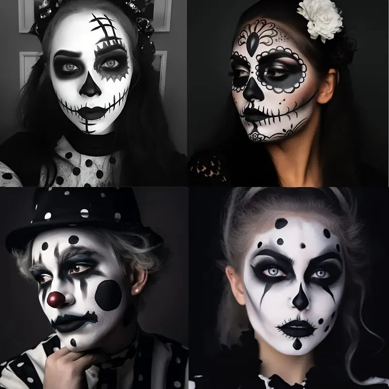 Set de maquillaje de Halloween con base líquida blanca y labial negro; apto para adultos, acabado mate y de larga duración para todo tipo de piel.