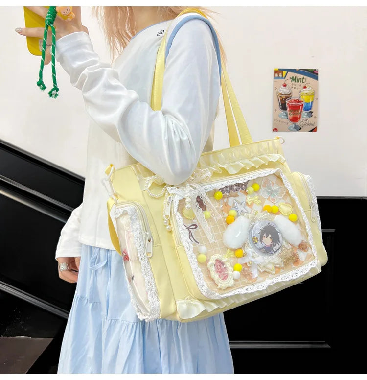 Bolso estilo japonés Y2K tipo "Ita Bag" Lolita: bolso de hombro transparente de gran capacidad, convertible en bandolera casual.