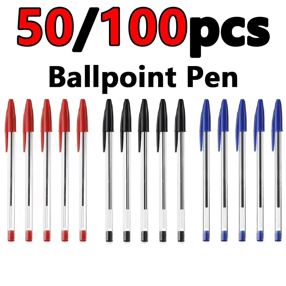 Bolígrafos de 1,0 mm (paquete de 50 o 100 unidades) en azul o negro; cuerpo de plástico. Ideales para estudiantes, regalos y material escolar u de oficina. Escritura suave y duradera.