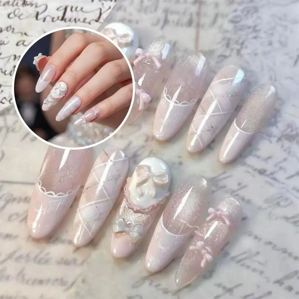 Uñas postizas reutilizables hechas a mano con diseño de mariposa y efecto «ojo de gato» rosa (estilo francés); uñas a presión listas para usar.