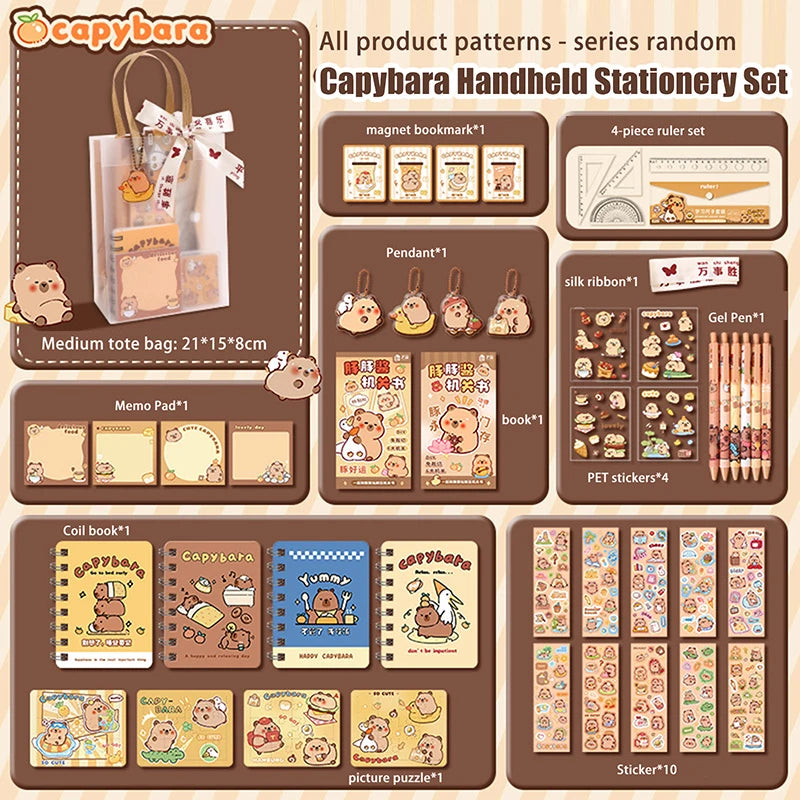 Nuevo set de papelería Kawaii de carpincho: incluye un bolso adorable con diseño de dibujos animados y artículos de papelería; ideal para oficina, estudiantes o como regalo de cumpleaños.
