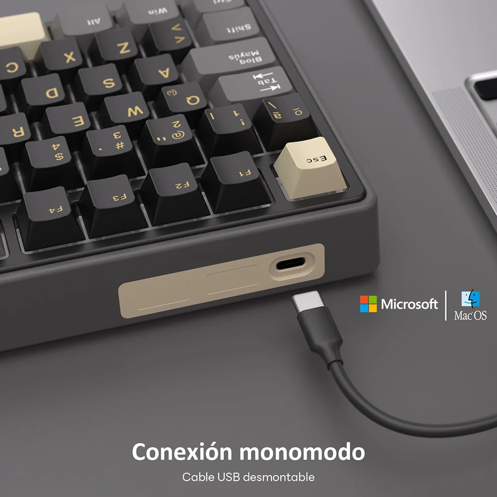 Teclado mecánico RK Royal Kludge R75 (distribución en español) con montaje tipo gasket, formato 80%, retroiluminación RGB, teclas PBT, interruptores intercambiables en caliente (hot-swappable) y rueda de control metálica.
