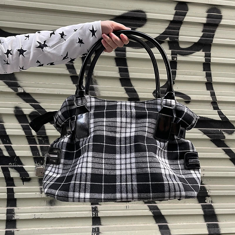 Bolso de hombro rosa a cuadros estilo Y2K; bolso de mano de gran capacidad estilo Harajuku; maletín de lona moderno y original tipo tote punk.