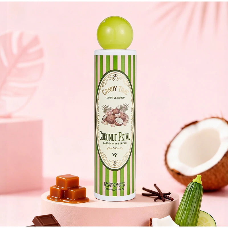 Perfume árabe Dubai Gourmand (168 ml): fragancia fresca y duradera para mujer con notas de coco, pastel de fresa, algodón de azúcar y frutas; formato en spray portátil.