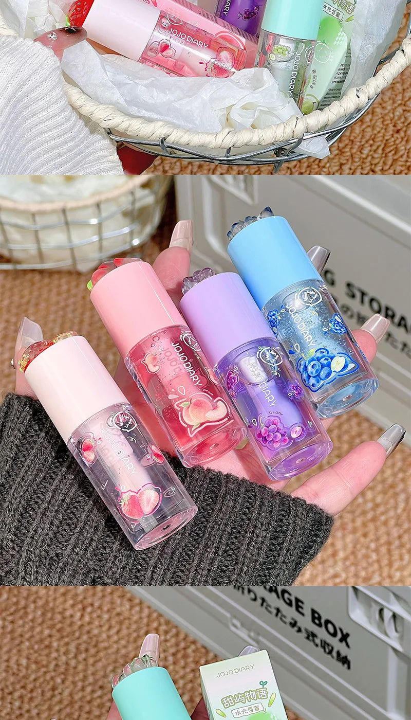Aceite labial con sabor a frutas Jojo Diary: hidrata y humecta, previene los labios agrietados y reduce las arrugas; ideal para el cuidado de los labios en invierno; brillo labial estilo coreano con acabado acuoso.