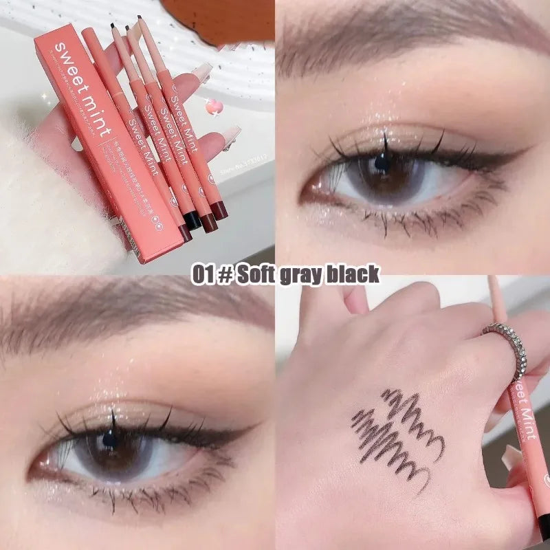 Lápiz delineador de ojos (tonos marrón rojizo y marrón negruzco), resistente al agua, de larga duración y acabado mate; barra multifunción para sombra de ojos, contorno y maquillaje de efecto "ojos sonrientes" (lying silkworm); fácil aplicación.