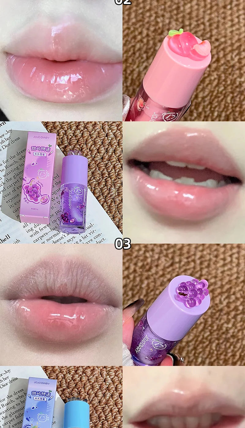Aceite labial con sabor a frutas Jojo Diary: hidrata y humecta, previene los labios agrietados y reduce las arrugas; ideal para el cuidado de los labios en invierno; brillo labial estilo coreano con acabado acuoso.